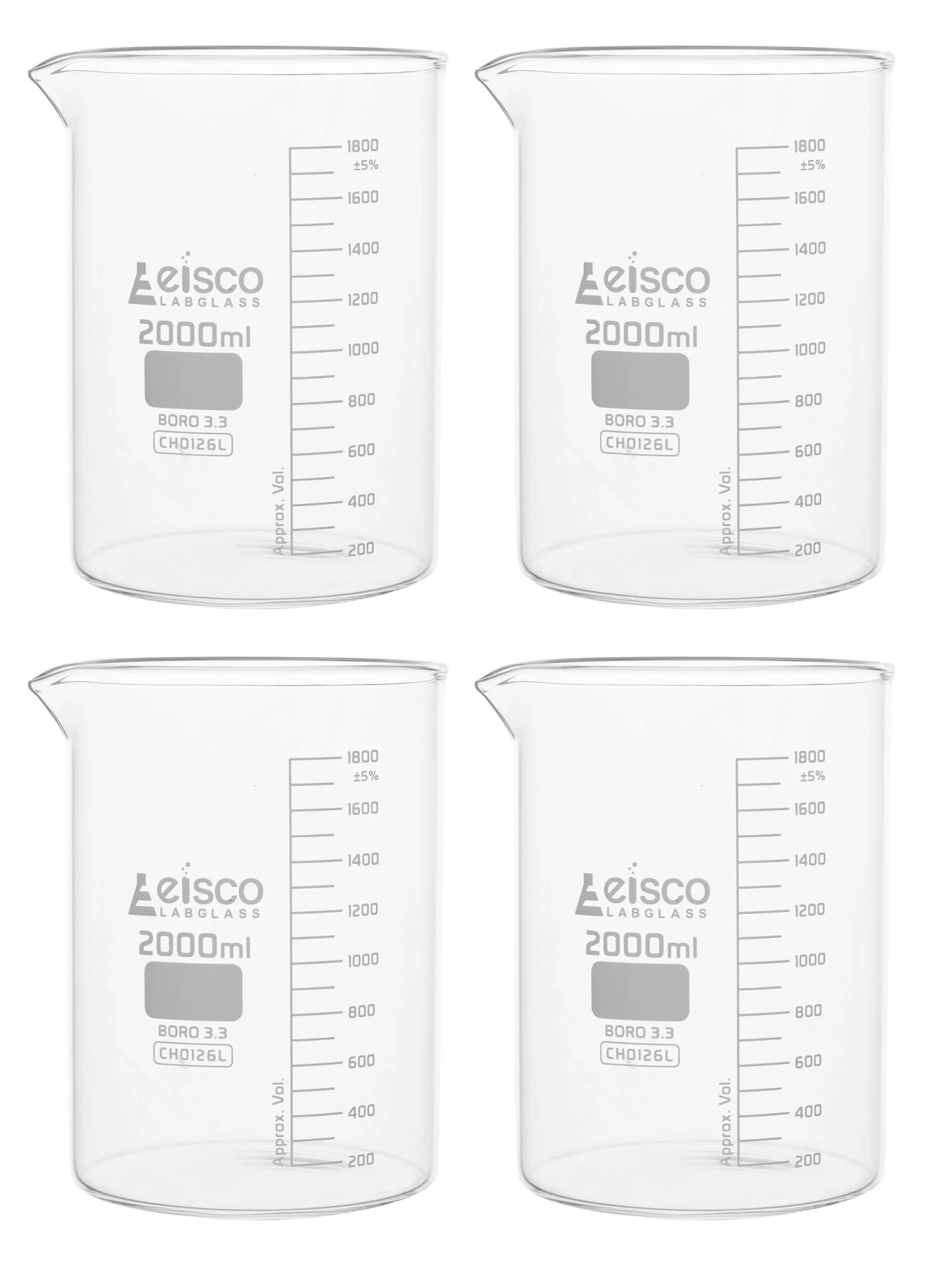 4PK Beakers, 2000ml - Low Form - Graduated - Borosilicate Glass