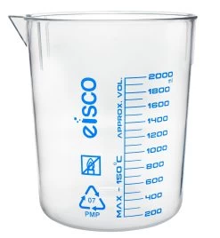 Beaker, 2000ml - TPX Plastic - Screen Printed Graduations - With Spout