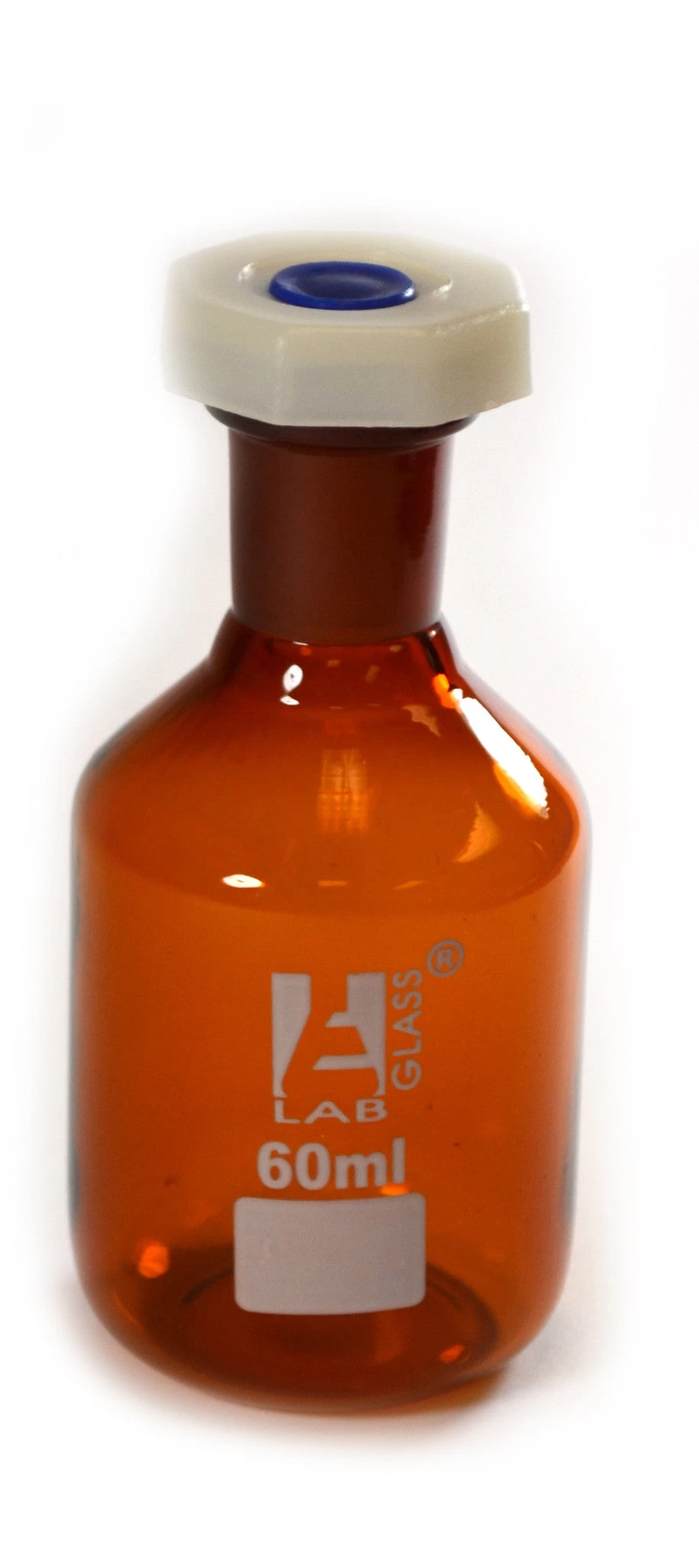 Reagent Bottle, 60mL - Amber - With Acid-Proof Polypropylene Stopper - Borosilicate Glass 1 Reagent Bottle, 60mL - Amber - With Acid-Proof Polypropylene Stopper - Borosilicate Glass