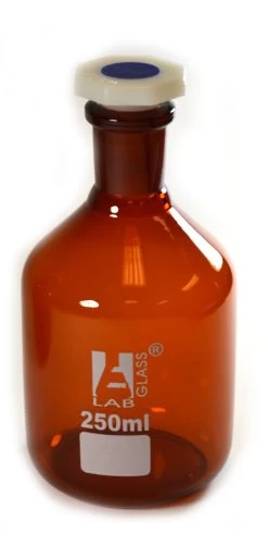 Reagent Bottle, 250mL - Amber - With Acid-Proof Polypropylene Stopper - Borosilicate Glass