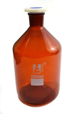 Reagent Bottle, 2000mL - Amber - With Acid-Proof Polypropylene Stopper - Borosilicate Glass