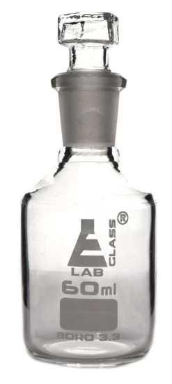Reagent Bottle, 60mL - Clear - Narrow Neck - With Interchangeable Hexagonal Glass Stopper - Borosilicate Glass