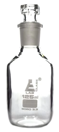 Reagent Bottle, 125mL - Clear - Narrow Neck - With Interchangeable Hexagonal Glass Stopper - Borosilicate Glass