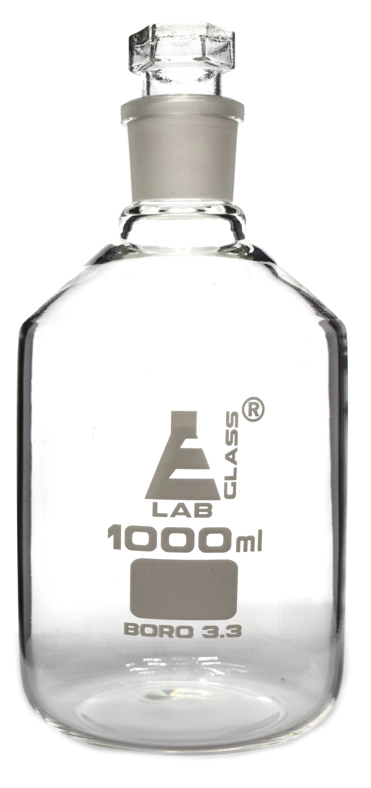 Reagent Bottle, 1000mL - Clear - Narrow Neck - With Interchangeable Hexagonal Glass Stopper - Borosilicate Glass 1 Reagent Bottle, 1000mL - Clear - Narrow Neck - With Interchangeable Hexagonal Glass Stopper - Borosilicate Glass