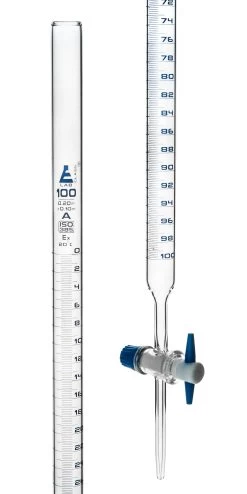 Burette, 100mL - Class A - With PTFE Stopcock - Blue Graduations - Borosilicate Glass
