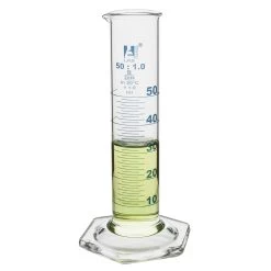 Graduated Cylinder, 50mL - Class B - Squat Form - Hexagonal Base - Blue Graduations - Borosilicate Glass