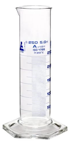 Graduated Cylinder, 250mL - Class A - Squat Form - Hexagonal Base - Blue Graduations - Borosilicate Glass