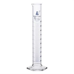 Graduated Cylinder, 100mL - Class B - Hexagonal Base - Blue Graduations - Borosilicate Glass