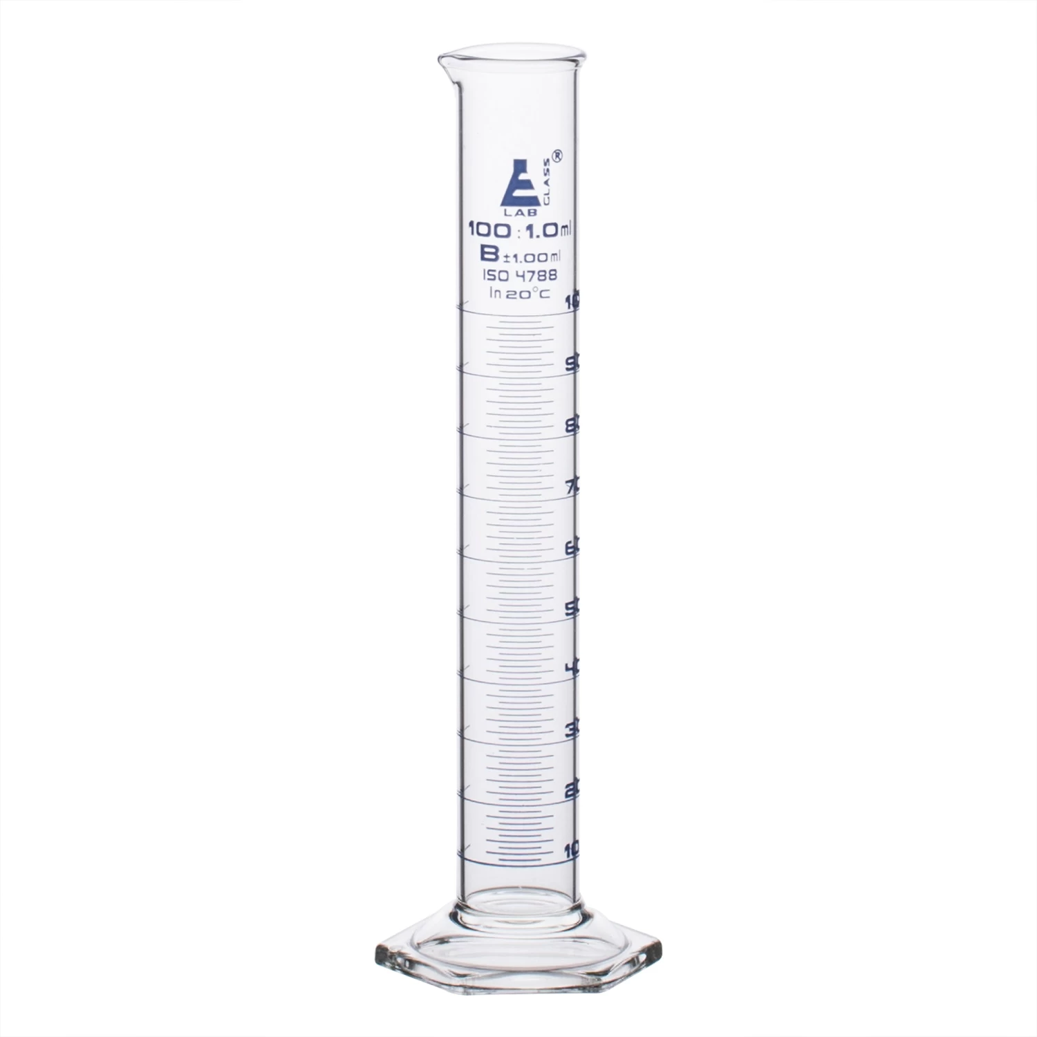 Graduated Cylinder, 100mL - Class B - Hexagonal Base - Blue Graduations - Borosilicate Glass 1 Graduated Cylinder, 100mL - Class B - Hexagonal Base - Blue Graduations - Borosilicate Glass