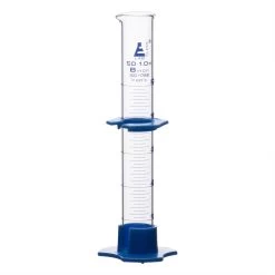 Graduated Cylinder, 50mL - Class B - Detachable, Plastic Hexagonal Base & Protective Collar - Blue Graduations - Borosilicate Glass