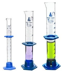 Graduated Cylinder Set - Class B - 10mL, 50mL & 100mL - Detachable, Plastic Hexagonal Bases & Protective Collars - Blue Graduations - Borosilicate Glass