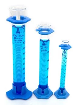 Graduated Cylinder Set - Class B - 10mL, 50mL & 100mL - Detachable, Plastic Hexagonal Bases & Protective Collars - Blue Graduations - Borosilicate Glass -Laboratory Instrument Store CH0346SET new