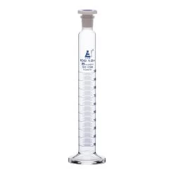 Graduated Cylinder, 100mL - Class B - 19/26 Polypropylene Stopper - Round Base - Blue Graduations - Borosilicate Glass