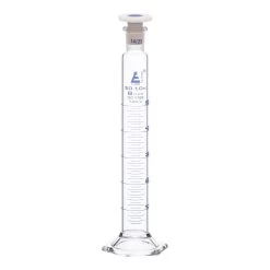 Graduated Cylinder, 50mL - Class B - 14/23 Polypropylene Stopper - Hexagonal Base - Blue Graduations - Borosilicate Glass
