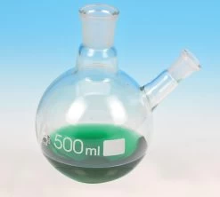 Flask With Round Bottom, Cap. 100ml, Borosilicate Glass, One Oblique Neck With Joint, Socket 24/29, Side Socket 14/23