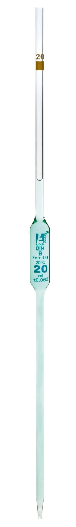 Volumetric Pipette, 20mL - Class B - Yellow Coded - Blue Graduation - Borosilicate Glass