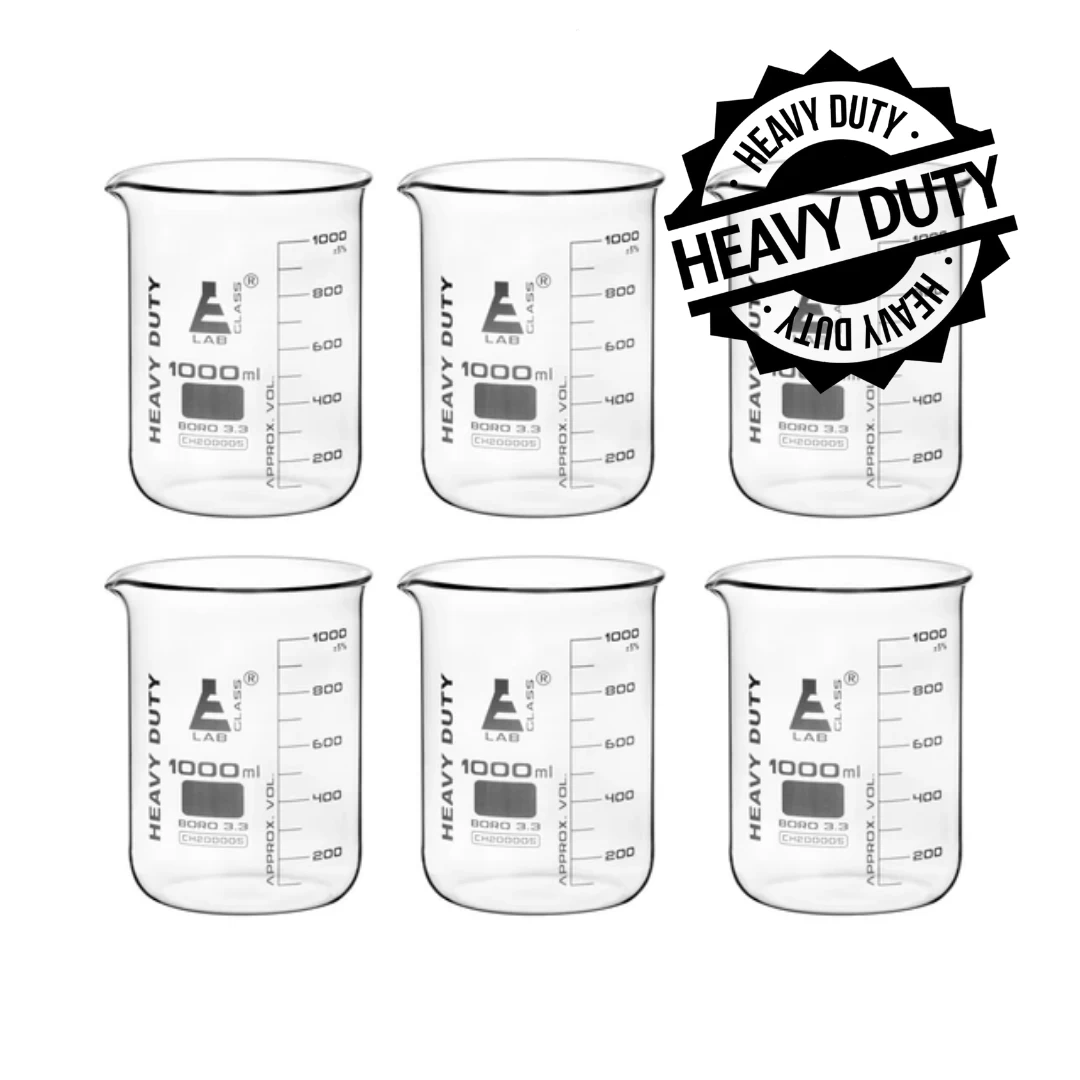 6PK Heavy Duty Beakers, 1000ml - 5mm Thick, Uniform Walls - Graduated - Borosilicate Glass 1 6PK Heavy Duty Beakers, 1000ml - 5mm Thick, Uniform Walls - Graduated - Borosilicate Glass