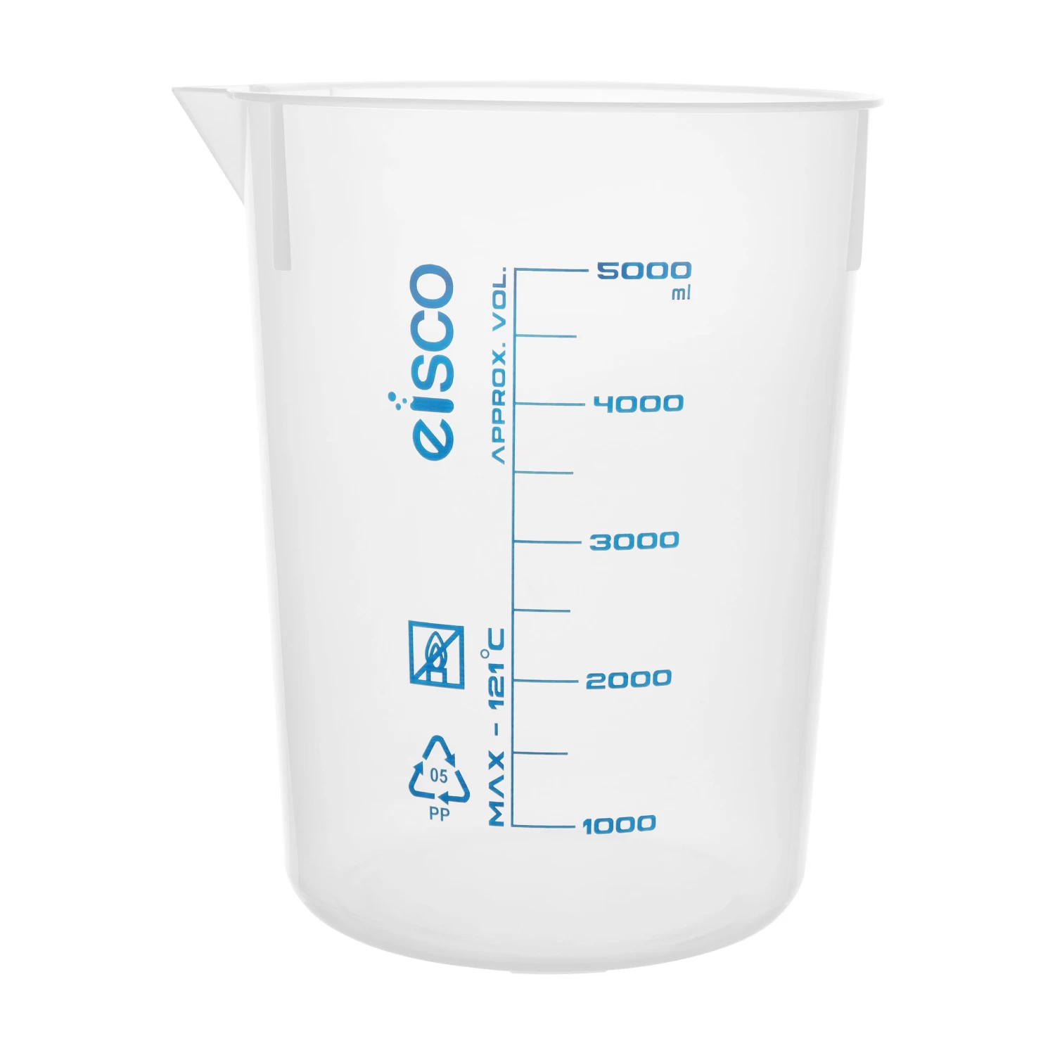 Beaker, 5000ml - Polypropylene - Screen Printed Graduations - With Spout 1 Beaker, 5000ml - Polypropylene - Screen Printed Graduations - With Spout