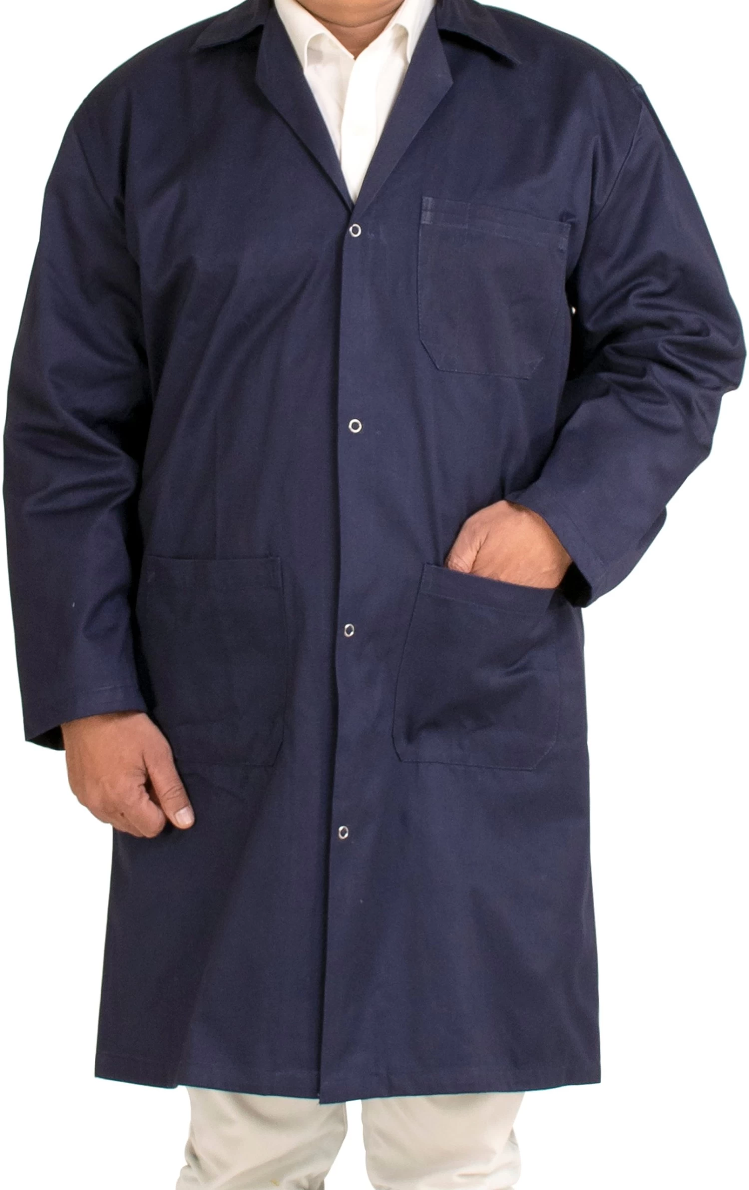 Laboratory Coat - Medium - Polyester / Cotton Drill, Long Sleeves, 3 Large Pockets - Navy Blue 1 Laboratory Coat - Medium - Polyester / Cotton Drill, Long Sleeves, 3 Large Pockets - Navy Blue
