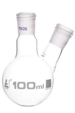 Distillation Flask With 2 Necks, 100ml Capacity, 19/26 Joint Size, Interchangeable Screw Thread Joints, Borosilicate Glass -
