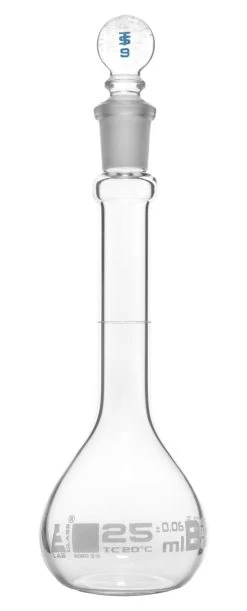 Volumetric Flask, 25ml - Fitted With Solid Glass Stopper - Class B, Tolerance ±0.060 Ml - White Graduation Mark - Borosilicate Glass -