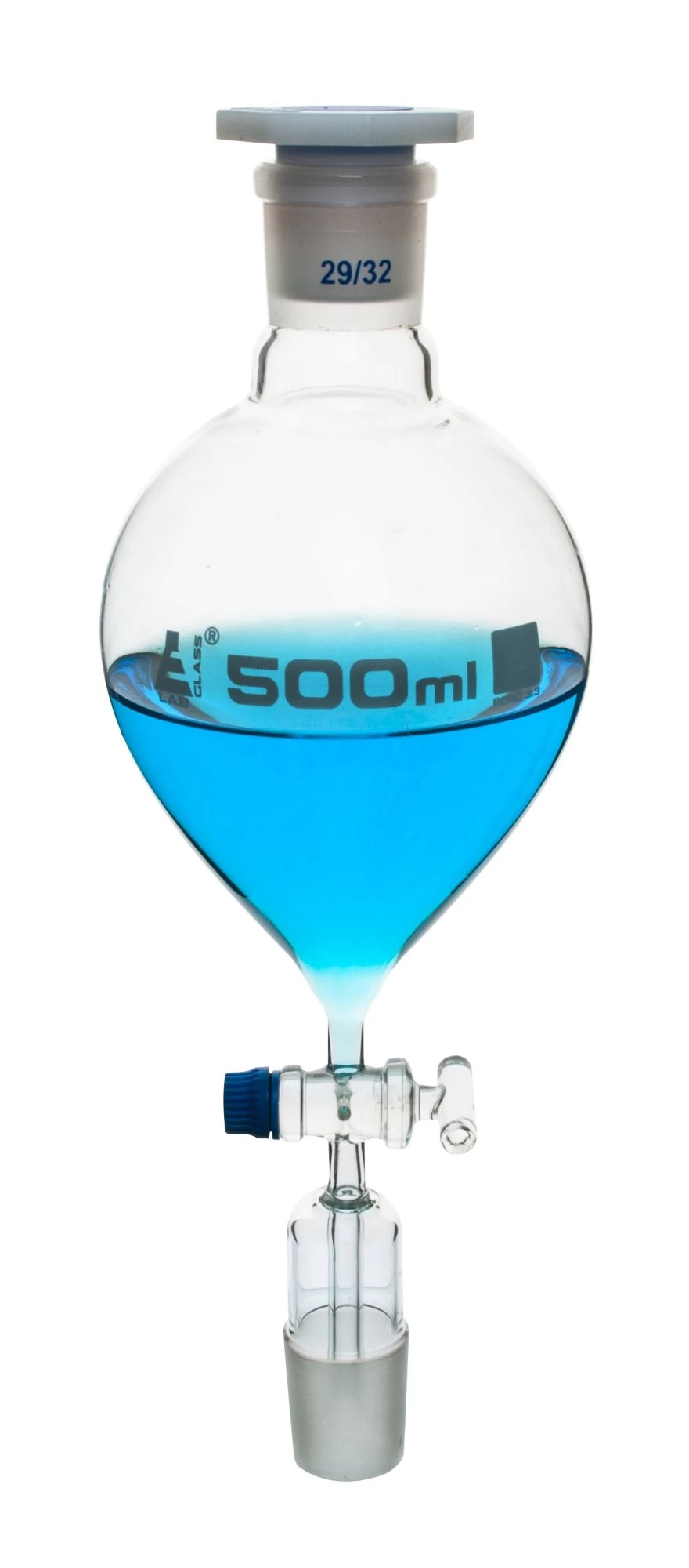 Dropping Funnel, 500mL - Pear-Shaped - With 29/32 Plastic Stopper & Glass Key Stopcock - Borosilicate Glass 1 Dropping Funnel, 500mL - Pear-Shaped - With 29/32 Plastic Stopper & Glass Key Stopcock - Borosilicate Glass