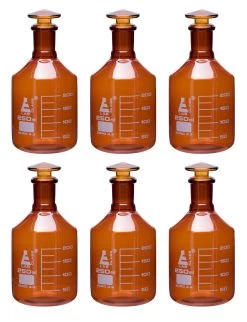 6PK Reagent Bottles, Amber, 250mL - Graduated - Narrow Mouth With Solid Glass Stopper - Borosilicate Glass