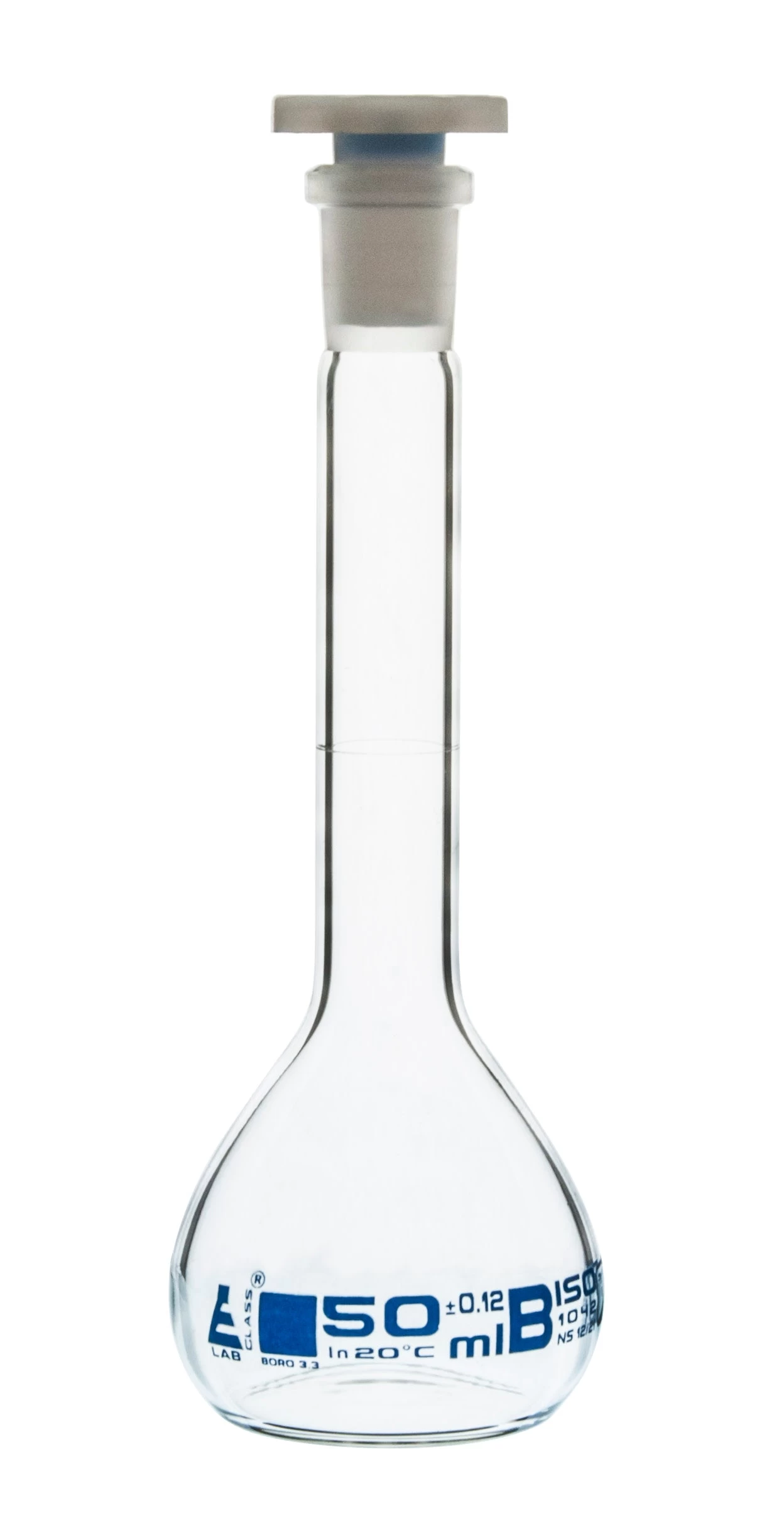 Volumetric Flask, 50ml - Class B - 12/21 Polyethylene Stopper, Borosilicate Glass - Blue Graduation, Tolerance ±0.120 1 Volumetric Flask, 50ml - Class B - 12/21 Polyethylene Stopper, Borosilicate Glass - Blue Graduation, Tolerance ±0.120