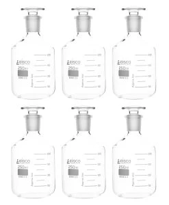 6PK Reagent Bottles, 250mL - Graduated - Narrow Mouth With Solid Glass Stopper - Borosilicate Glass