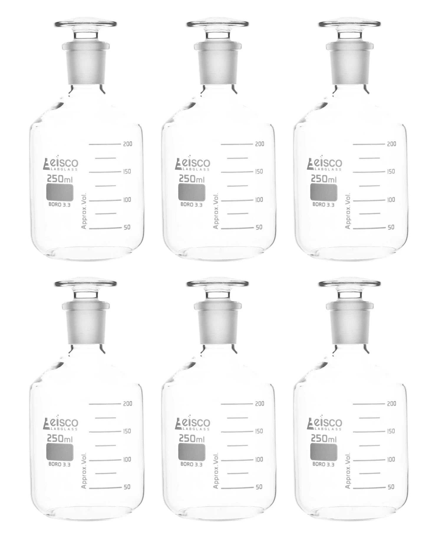6PK Reagent Bottles, 250mL - Graduated - Narrow Mouth With Solid Glass Stopper - Borosilicate Glass 1 6PK Reagent Bottles, 250mL - Graduated - Narrow Mouth With Solid Glass Stopper - Borosilicate Glass