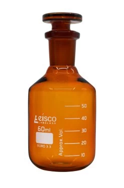 Reagent Bottle, Amber, 60mL - Graduated - Narrow Mouth With Solid Glass Stopper - Borosilicate Glass