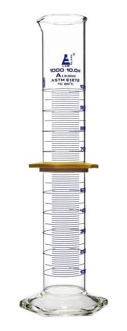 Graduated Cylinder, 1000mL - ASTM Class A - Protective Collar, Hexagonal Base - Blue Graduations - Borosilicate Glass