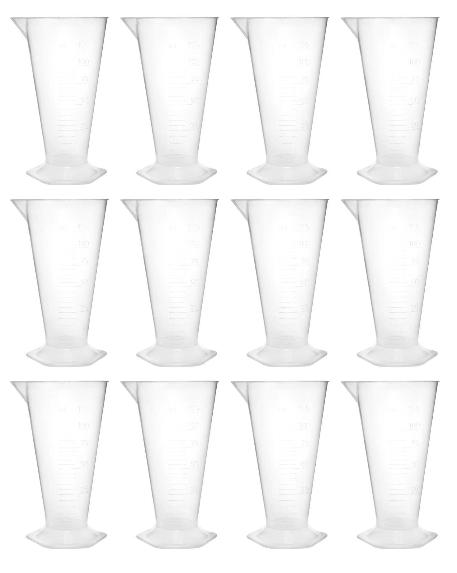 12PK Conical Measures, 125ml - Polypropylene - Raised Graduations - Hexagonal Base 1 12PK Conical Measures, 125ml - Polypropylene - Raised Graduations - Hexagonal Base