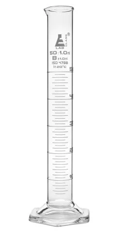 Graduated Cylinder, 50ml - Class B - White Graduations - Hexagonal Base