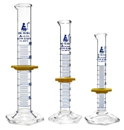 Graduated Cylinders 3 Piece Set - ASTM Class A - 5mL, 10mL & 25mL - Protective Collars, Hexagonal Base - Blue Graduations - Borosilicate Glass