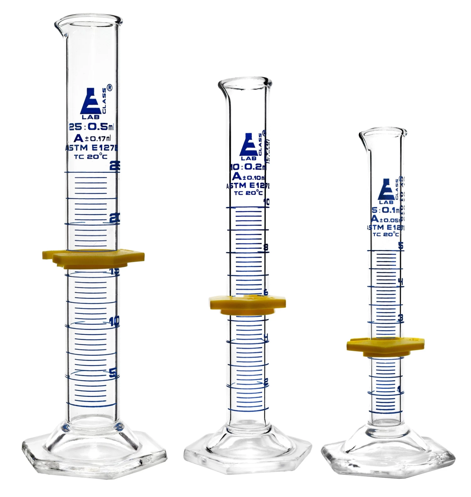 Graduated Cylinders 3 Piece Set - ASTM Class A - 5mL, 10mL & 25mL - Protective Collars, Hexagonal Base - Blue Graduations - Borosilicate Glass 1 Graduated Cylinders 3 Piece Set - ASTM Class A - 5mL, 10mL & 25mL - Protective Collars, Hexagonal Base - Blue Graduations - Borosilicate Glass