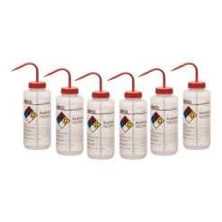 6PK Wash Bottle For Acetone, 1000ml - Labeled With Color Coded Chemical & Safety Information (4 Colors) - Wide Mouth, Self Venting, Low Density Polyethylene -