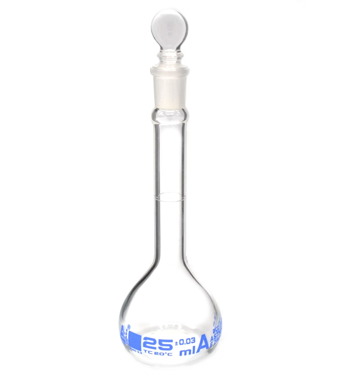 25ml ASTM Volumetric Flask W/ Glass Stopper - Class A - Blue Graduation - 1 25ml ASTM Volumetric Flask W/ Glass Stopper - Class A - Blue Graduation -