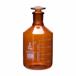 Reagent Bottle, Amber, 500mL - Graduated - Narrow Mouth With Solid Glass Stopper - Borosilicate Glass