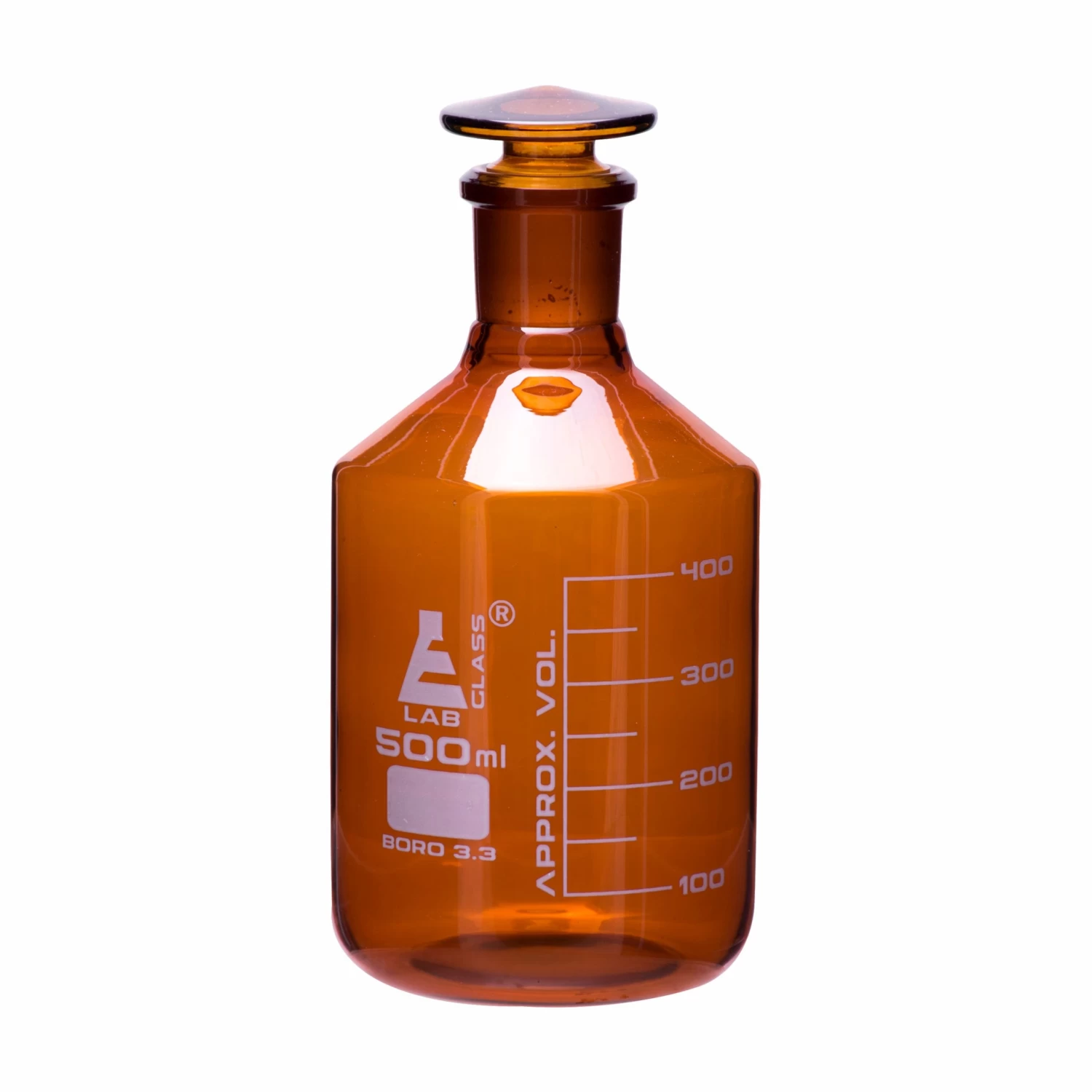 Reagent Bottle, Amber, 500mL - Graduated - Narrow Mouth With Solid Glass Stopper - Borosilicate Glass 1 Reagent Bottle, Amber, 500mL - Graduated - Narrow Mouth With Solid Glass Stopper - Borosilicate Glass