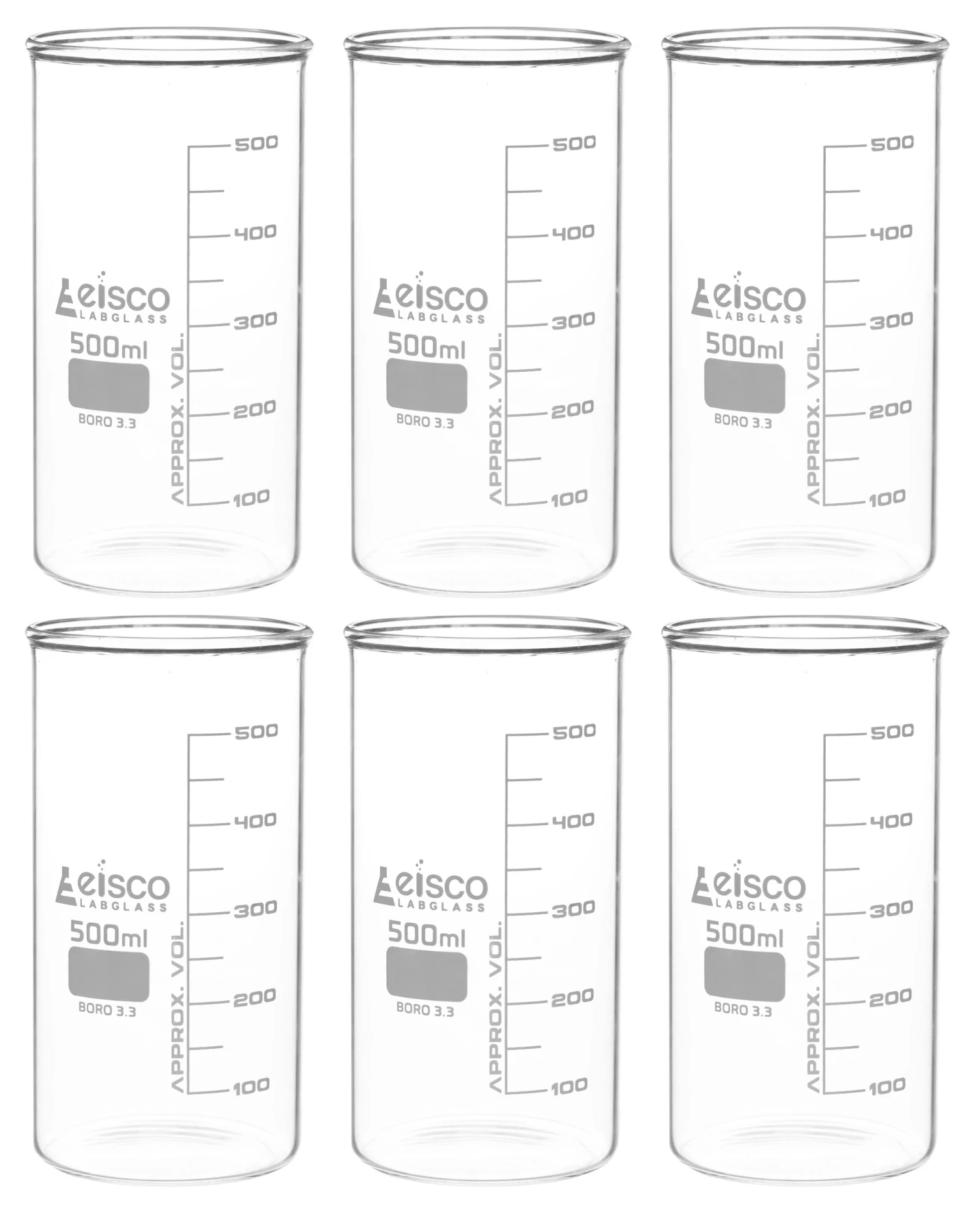 6PK Beakers, 500mL - Berzelius Tall Form, No Spout - Graduated - Borosilicate Glass 1 6PK Beakers, 500mL - Berzelius Tall Form, No Spout - Graduated - Borosilicate Glass