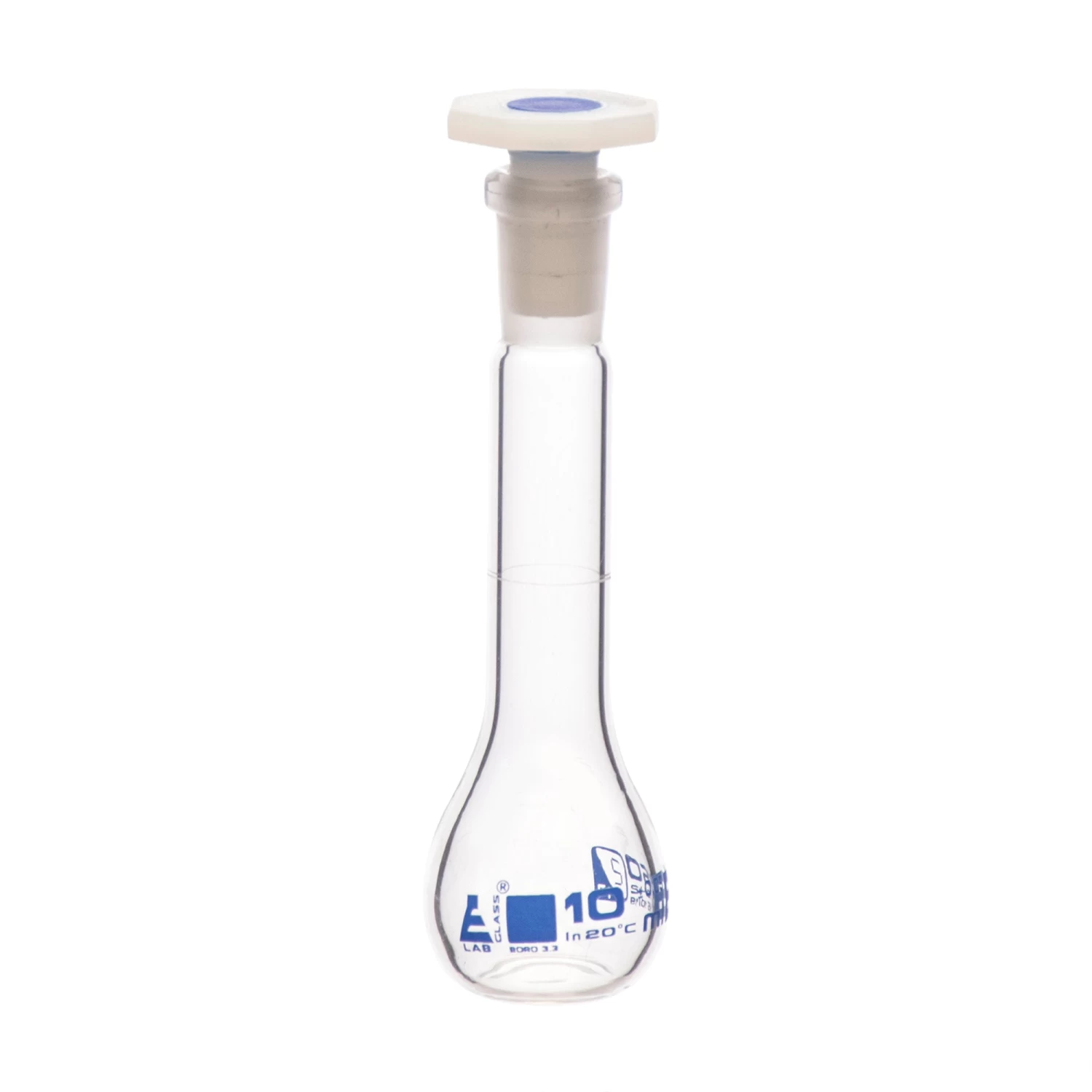 Volumetric Flask, 10ml - Class B - 10/19 Polyethylene Stopper, Borosilicate Glass - Blue Graduation, Tolerance ±0.050 1 Volumetric Flask, 10ml - Class B - 10/19 Polyethylene Stopper, Borosilicate Glass - Blue Graduation, Tolerance ±0.050