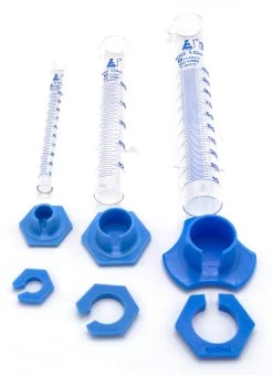 Graduated Cylinder Set - Class B - 10mL, 50mL & 100mL - Detachable, Plastic Hexagonal Bases & Protective Collars - Blue Graduations - Borosilicate Glass -Laboratory Instrument Store ch0346set 2