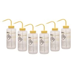 6PK Wash Bottle For Isopropanol, 1000ml - Labeled With Color Coded Chemical & Safety Information (2 Color)- Wide Mouth, Self Venting, Low Density Polyethylene -