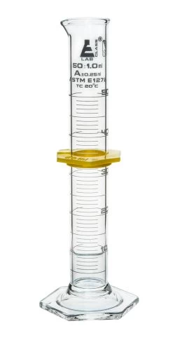 Glass Graduated Cylinder, 50mL - Class A - White Single Scale - Hexagonal Base - Borosilicate