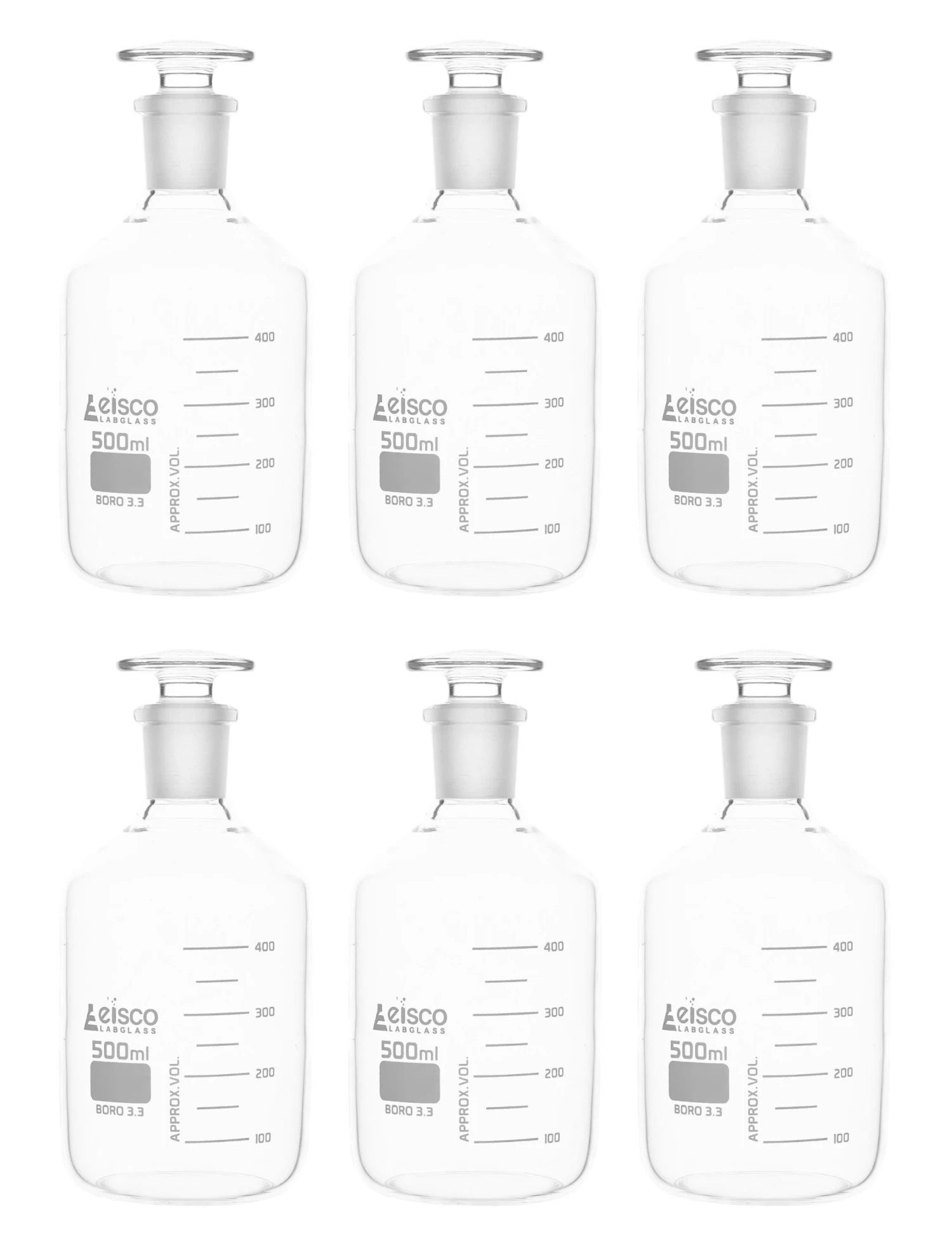 6PK Reagent Bottles, 500mL - Graduated - Narrow Mouth With Solid Glass Stopper - Borosilicate Glass 1 6PK Reagent Bottles, 500mL - Graduated - Narrow Mouth With Solid Glass Stopper - Borosilicate Glass
