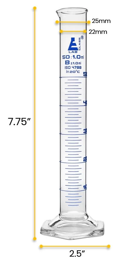 Graduated Cylinder, 50ml - Class B - Blue Graduations - Hexagonal Base 2 Graduated Cylinder, 50ml - Class B - Blue Graduations - Hexagonal Base - Image 2