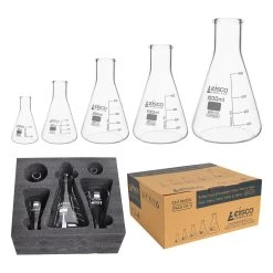 Premium Erlenmeyer Flask Set - 50ml, 150ml, 250ml, 500ml & 1000ml - Narrow Neck, White Graduations - Superior Durability & Chemical Resistance - Borosilicate 3.3 Glass -