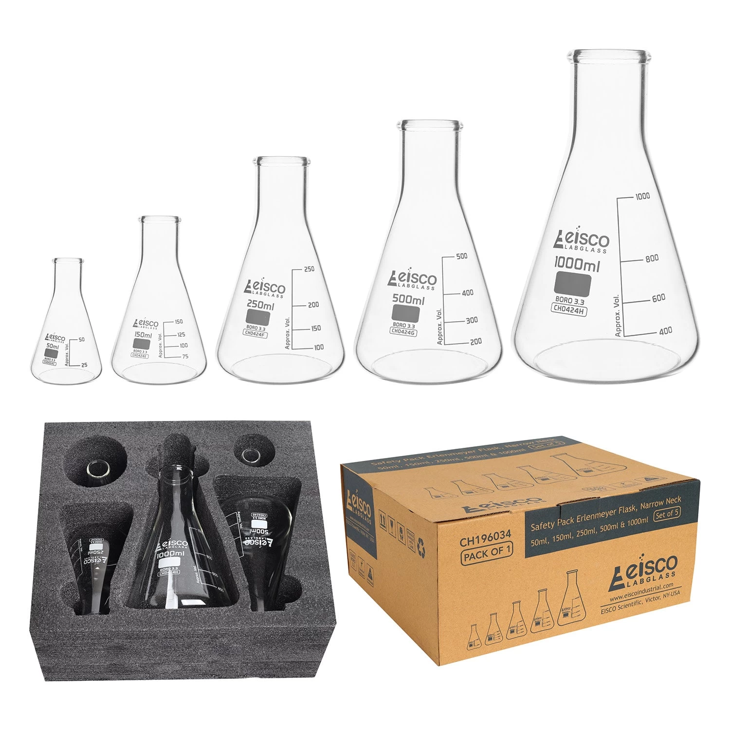 Premium Erlenmeyer Flask Set - 50ml, 150ml, 250ml, 500ml & 1000ml - Narrow Neck, White Graduations - Superior Durability & Chemical Resistance - Borosilicate 3.3 Glass - 1 Premium Erlenmeyer Flask Set - 50ml, 150ml, 250ml, 500ml & 1000ml - Narrow Neck, White Graduations - Superior Durability & Chemical Resistance - Borosilicate 3.3 Glass -