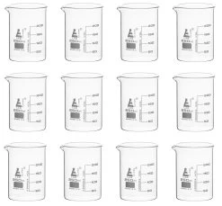 12PK Beakers, 250ml - Low Form - 50ml Graduations - Borosilicate Glass